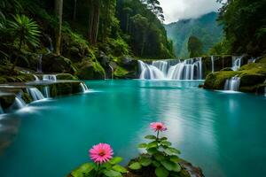 mooi waterval in de oerwoud met roze bloemen. ai-gegenereerd foto