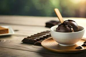 chocola ijs room in een kom met een houten lepel. ai-gegenereerd foto