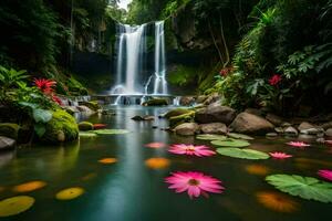 waterval in de oerwoud met roze bloemen. ai-gegenereerd foto