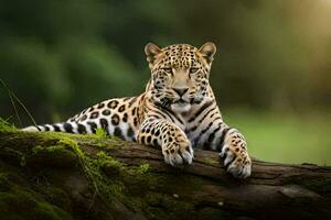 een jaguar is resting Aan een log in de Woud. ai-gegenereerd foto