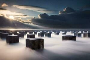 een stad van wolkenkrabbers in de wolken. ai-gegenereerd foto