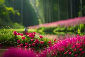 een vogel is zittend Aan een met gras begroeid veld- omringd door roze bloemen. ai-gegenereerd foto