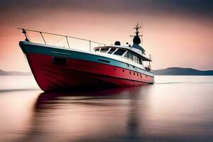 een rood en wit boot is het zeilen Aan de water. ai-gegenereerd foto