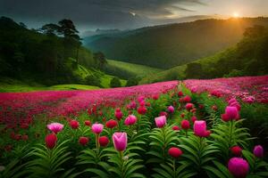 de zon stijgt over- de roze tulpen in de veld. ai-gegenereerd foto