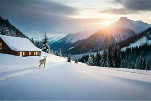 een hond wandelen in voorkant van een cabine in de sneeuw. ai-gegenereerd foto
