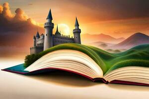 een Open boek met een kasteel Aan top van het. ai-gegenereerd foto