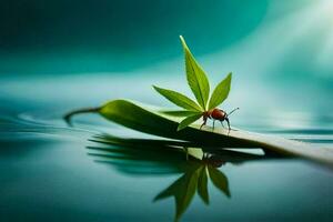 een klein insect zittend Aan een blad in water. ai-gegenereerd foto