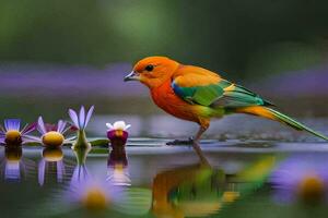 een kleurrijk vogel staand Aan de water met bloemen. ai-gegenereerd foto