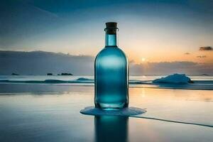 een fles van blauw vloeistof zittend Aan de strand Bij zonsondergang. ai-gegenereerd foto