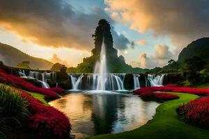 de waterval in de tuin van bloemen. ai-gegenereerd foto