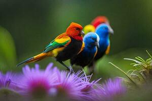 kleurrijk vogelstand Aan een bloem. ai-gegenereerd foto