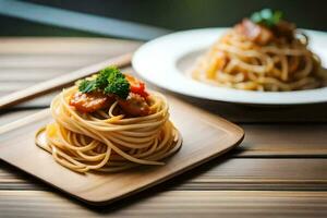 spaghetti met vlees en groenten Aan een houten tafel. ai-gegenereerd foto