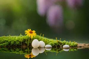 een klein bloem en eieren zijn zittend Aan een bemost oppervlak. ai-gegenereerd foto