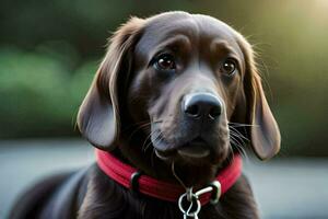 een bruin hond vervelend een rood halsband. ai-gegenereerd foto