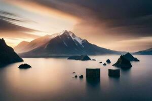 een mooi landschap met bergen en water. ai-gegenereerd foto