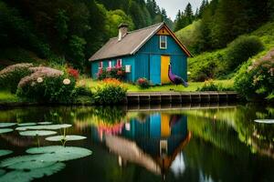 een blauw huis zit Aan een vijver omringd door bomen. ai-gegenereerd foto