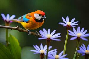 een kleurrijk vogel zit Aan een Afdeling met Purper bloemen. ai-gegenereerd foto