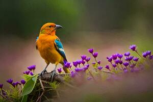 een kleurrijk vogel is staand Aan top van Purper bloemen. ai-gegenereerd foto