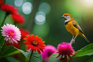 foto behang de lucht, bloemen, vogel, bloemen, vogel, bloemen, vogel, bloemen,. ai-gegenereerd