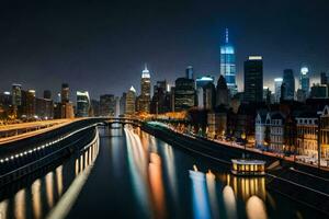 de stad horizon Bij nacht met een rivier- en een brug. ai-gegenereerd foto
