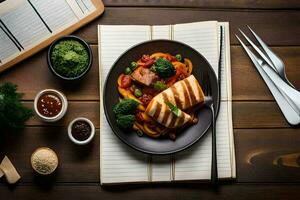 een bord van voedsel met vlees, groenten en saus Aan een houten tafel. ai-gegenereerd foto
