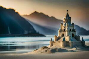 een zand kasteel Aan de strand met bergen in de achtergrond. ai-gegenereerd foto