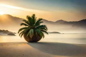 een palm boom staat alleen Aan een zanderig strand Bij zonsopkomst. ai-gegenereerd foto