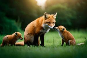 vossen met hun welpen in de gras. ai-gegenereerd foto