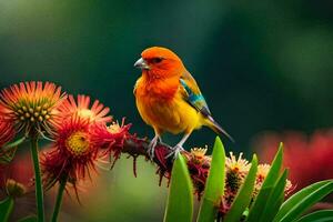 een kleurrijk vogel zit Aan een Afdeling met bloemen. ai-gegenereerd foto