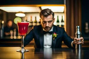 een Mens in een smoking is Holding een cocktail. ai-gegenereerd foto