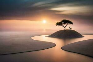 een eenzaam boom staat Aan een klein eiland in de midden- van een rivier. ai-gegenereerd foto