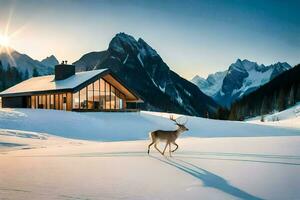 een hert wandelingen in voorkant van een cabine in de sneeuw. ai-gegenereerd foto