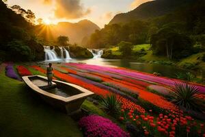 de zon stijgt over- de waterval en de bloemen in de voorgrond. ai-gegenereerd foto