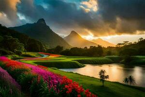 een mooi landschap met kleurrijk bloemen en bergen. ai-gegenereerd foto