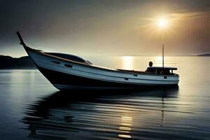 een boot is drijvend in de water Bij zonsondergang. ai-gegenereerd foto