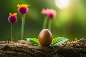 een ei in een nest met bloemen. ai-gegenereerd foto