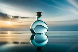 een fles van water in de midden- van de oceaan met een zonsondergang in de achtergrond. ai-gegenereerd foto