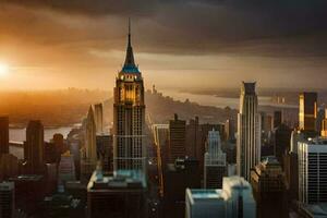 de zon sets over- de stad horizon in nieuw york. ai-gegenereerd foto