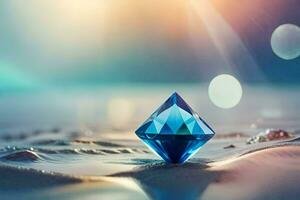 een blauw diamant zittend Aan de zand. ai-gegenereerd foto