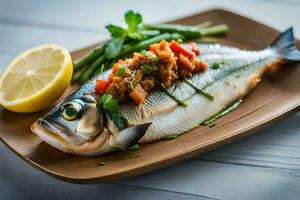 een vis met groenten en citroen Aan een houten bord. ai-gegenereerd foto