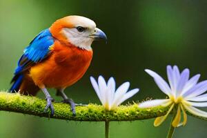 een kleurrijk vogel zit Aan een Afdeling met bloemen. ai-gegenereerd foto