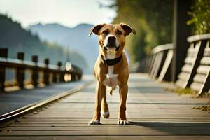 een hond staand Aan een houten loopbrug in voorkant van een trein. ai-gegenereerd foto