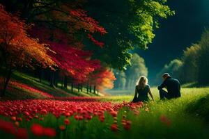 paar zittend Aan de gras in voorkant van kleurrijk bloemen. ai-gegenereerd foto