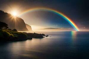 een regenboog over- de oceaan en een berg. ai-gegenereerd foto