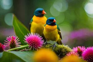 twee kleurrijk vogelstand neergestreken Aan top van een bloem. ai-gegenereerd foto