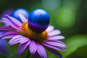 een blauw ei Aan een Purper bloem. ai-gegenereerd foto