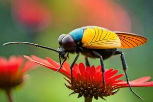 een kleurrijk insect met zwart en geel Vleugels Aan een rood bloem. ai-gegenereerd foto