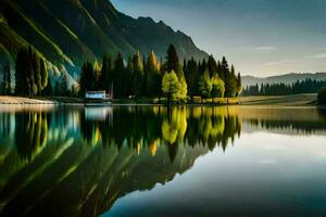 een meer met bomen en bergen weerspiegeld in het. ai-gegenereerd foto