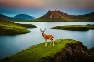 een hert staat Aan de rand van een meer in IJsland. ai-gegenereerd foto