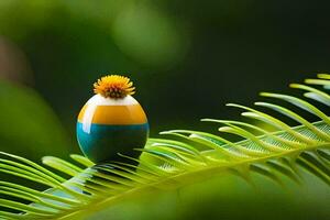 een kleurrijk ei zittend Aan top van een groen blad. ai-gegenereerd foto